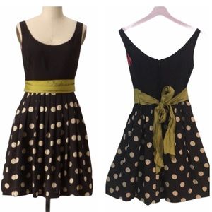 Anthropologie Slice of Lime Polka Dot Tie Waist Fit & Flare Bow Rayon Dress - 0